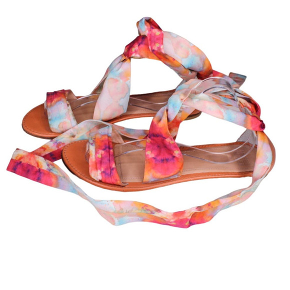 Jasper & Jeera Sandals Ankle Tie Fabric Pink Peach Blue Size 40 - Picture 1 of 6